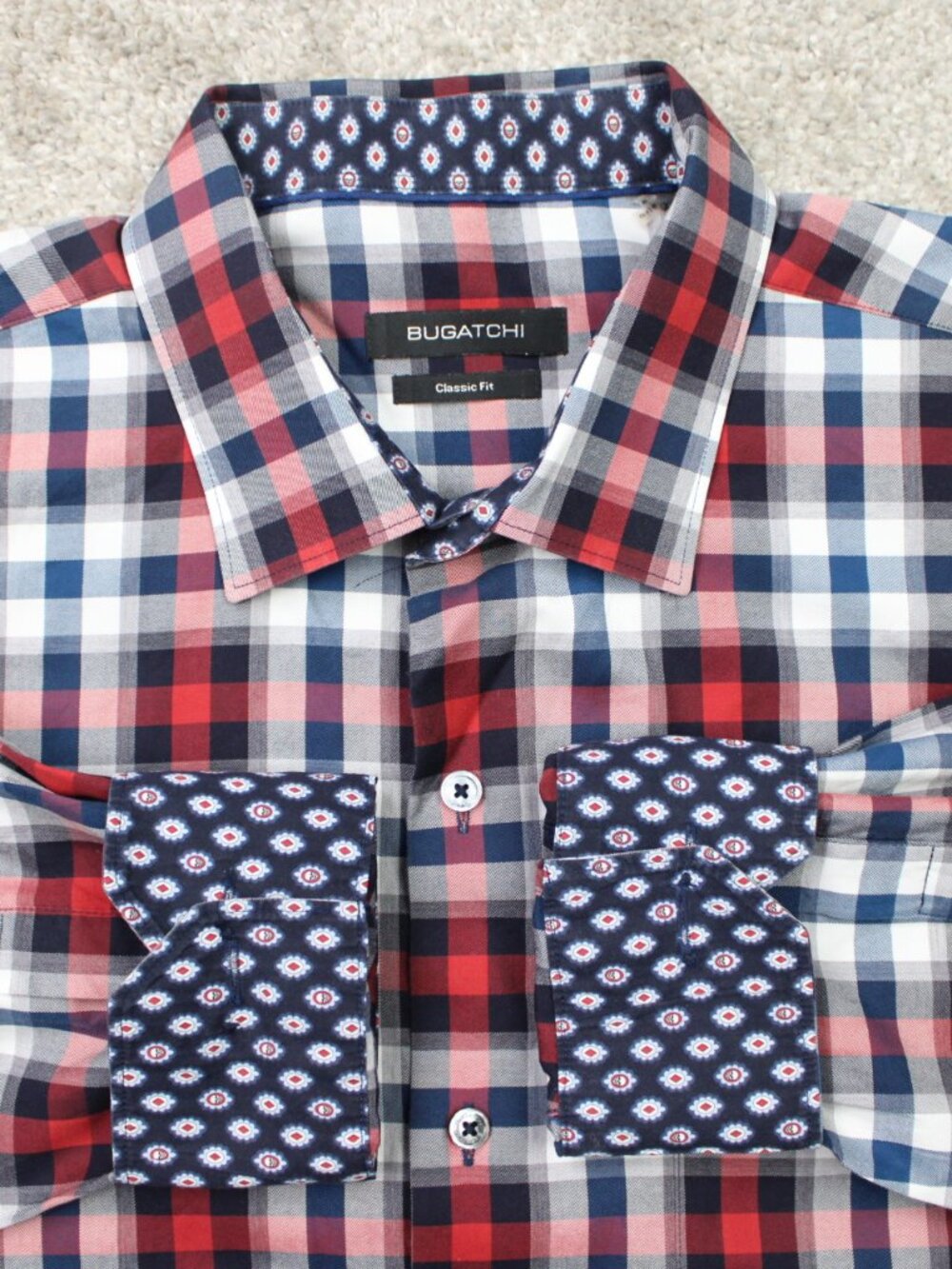 Bugatchi Shirt Mens XL Red/Blue Plaid Classic Fit Flip Cuff Cotton Long Sleeve